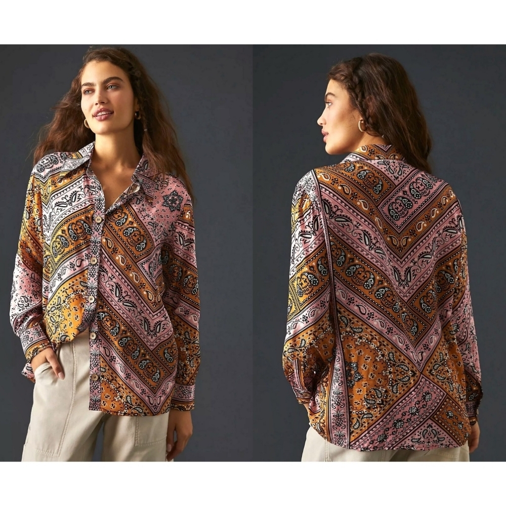 Farm Rio X Anthropologie Paisley Button Front Shirt in Pink Rose Size XS NWT